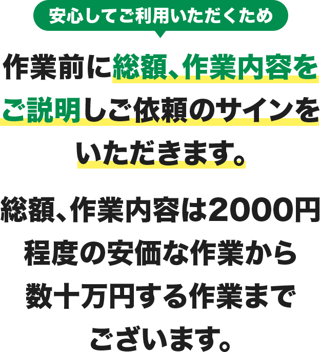 安心してご利用いただくため、作業前に総額、作業内容をご説明しご依頼のサインをいただきます。